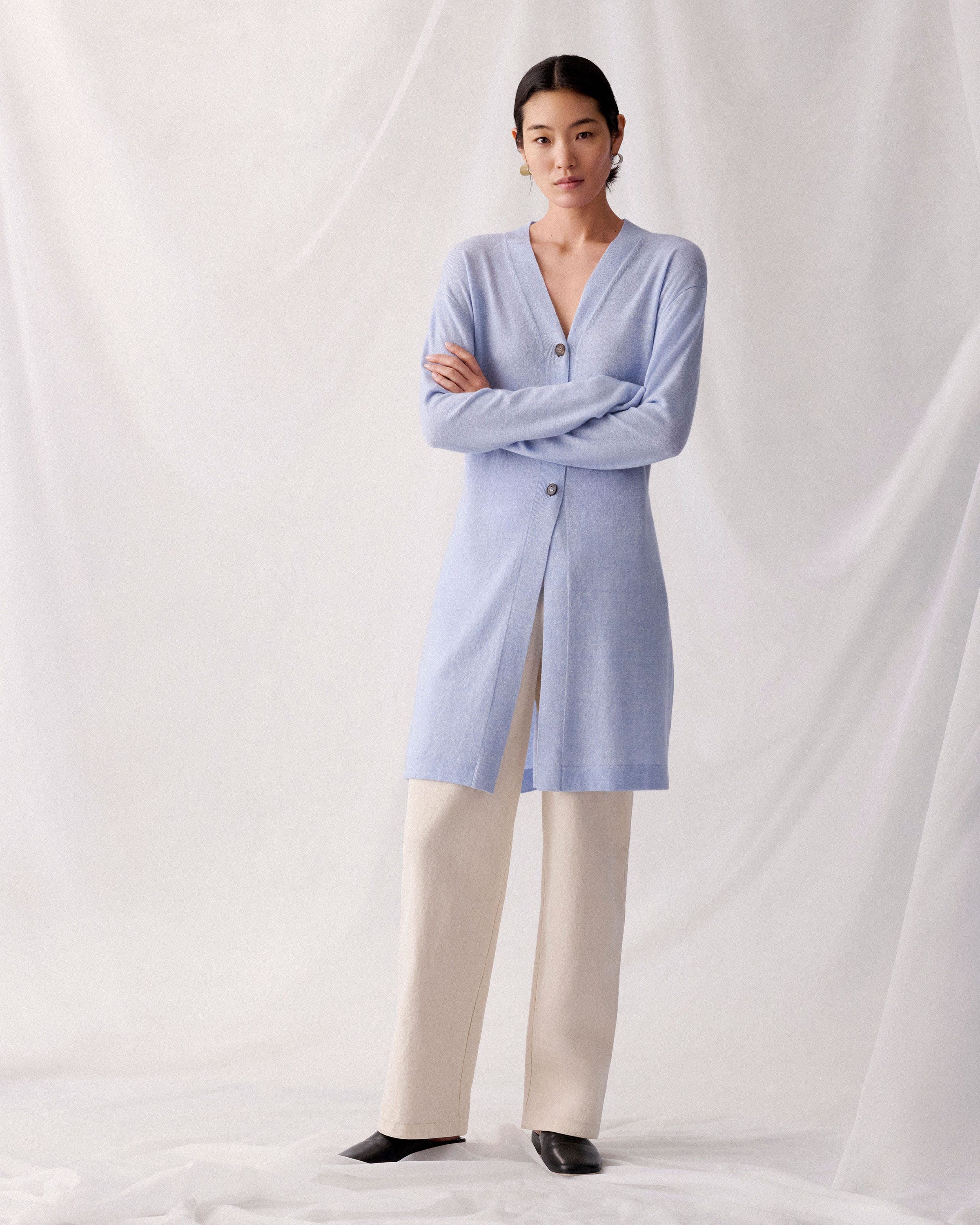 Plus-Size Cashmere-Linen Side Slit Long Cardigan