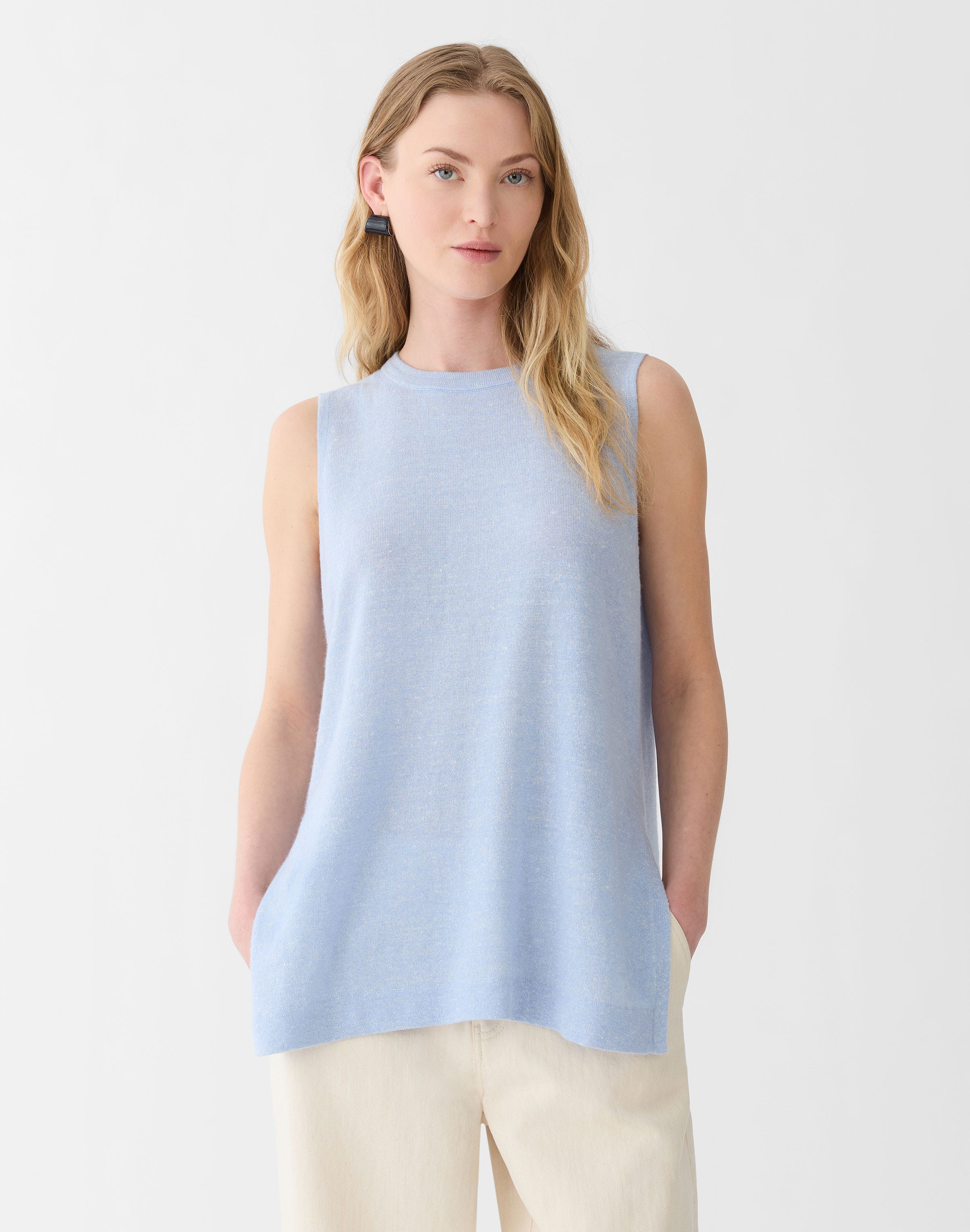 Cashmere-Linen Side Slit Tunic Sweater