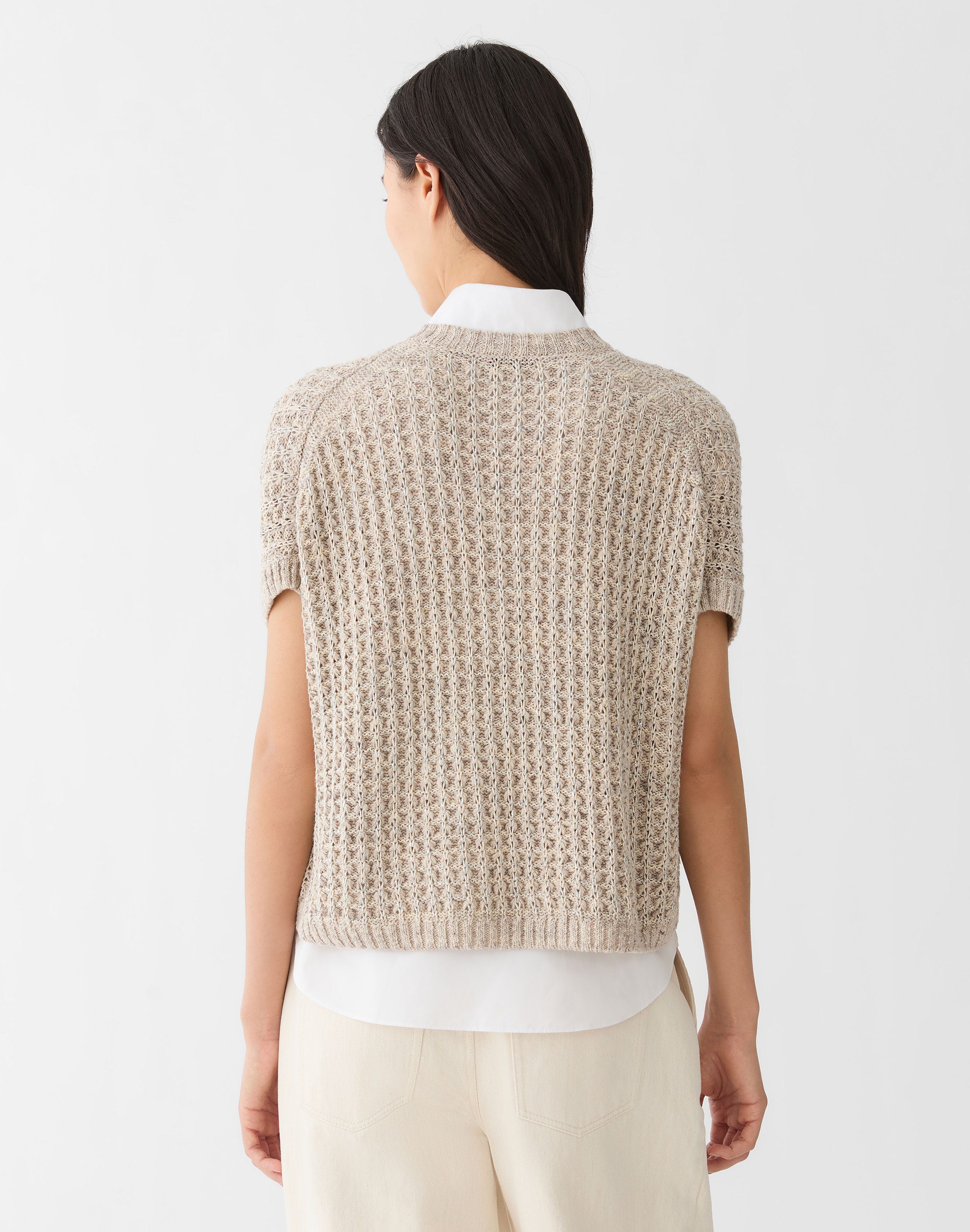 Petite Metallic Flax Linen-Cotton Pointelle Sweater