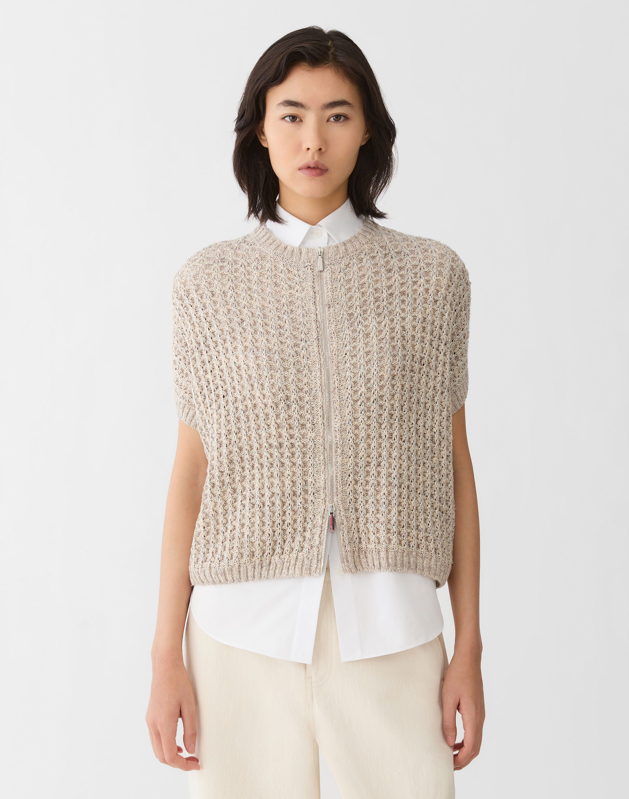 Petite Metallic Flax Linen-Cotton Pointelle Sweater