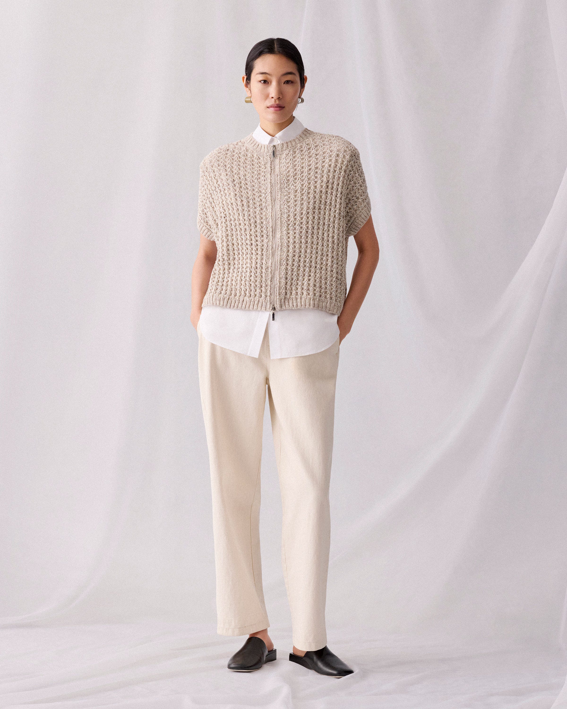 Petite Metallic Flax Linen-Cotton Pointelle Sweater