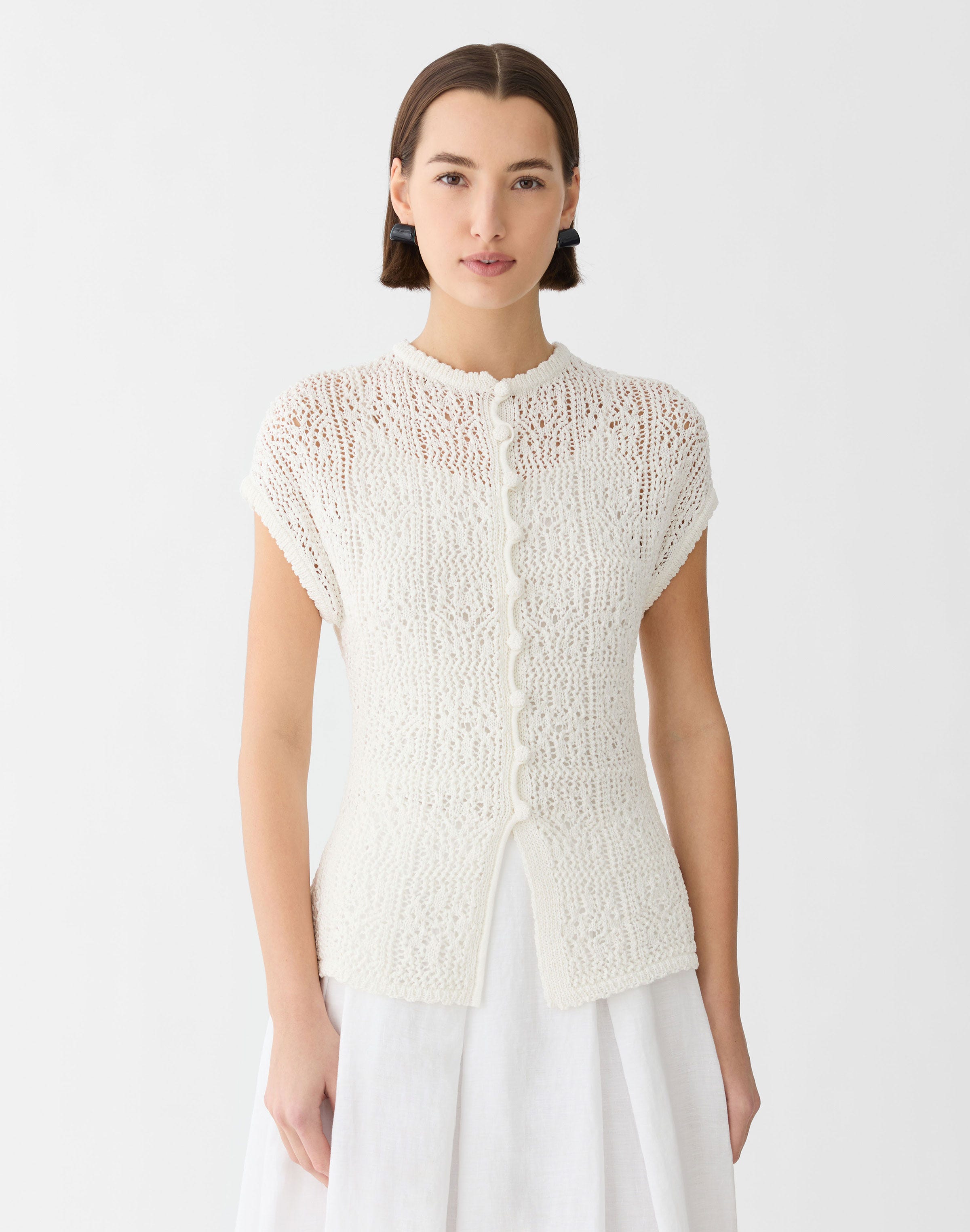 Cotton Tape Lace Stitch Buttoned Sweater