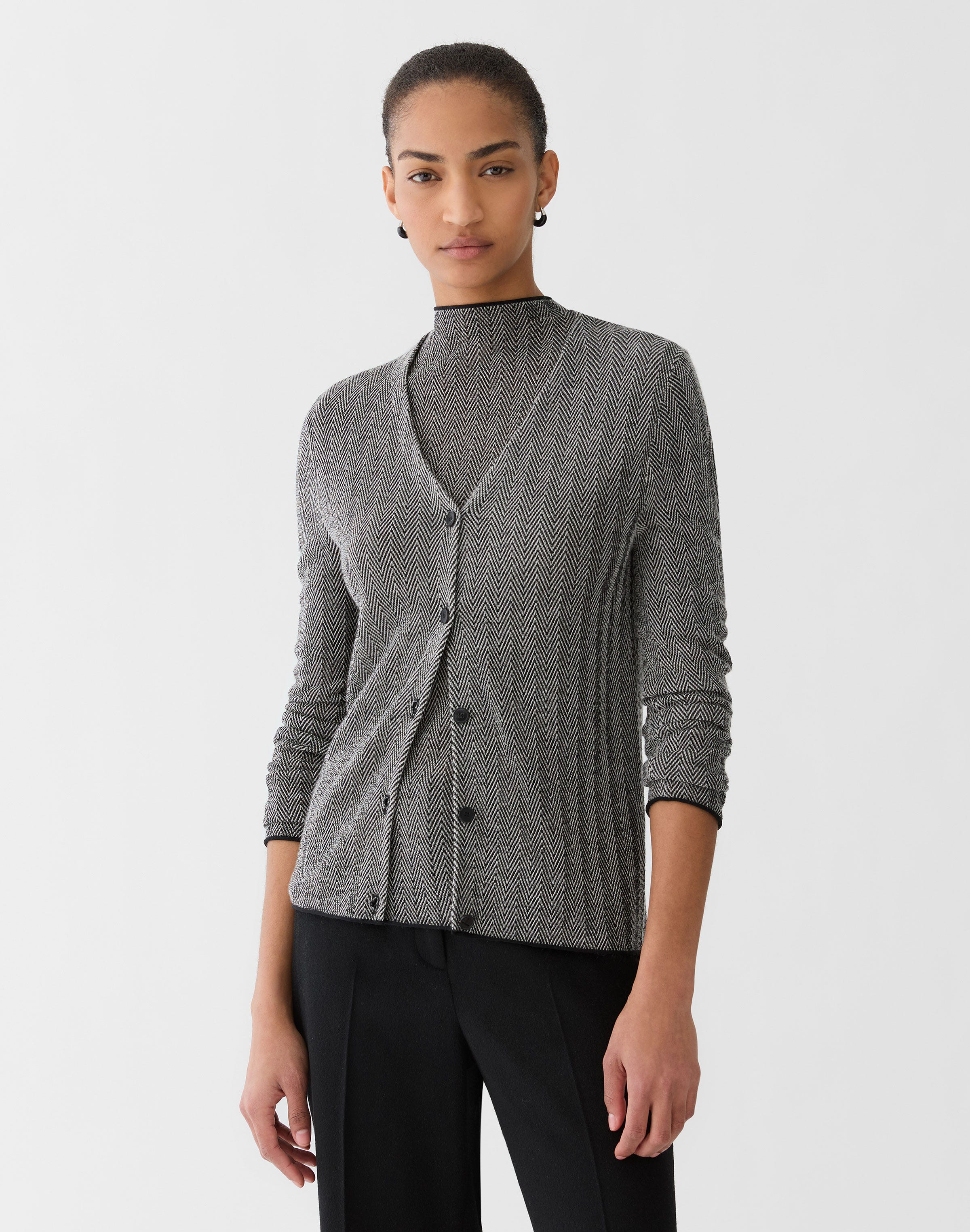 Petite Fine Cashmere Herringbone Jacquard Cardigan